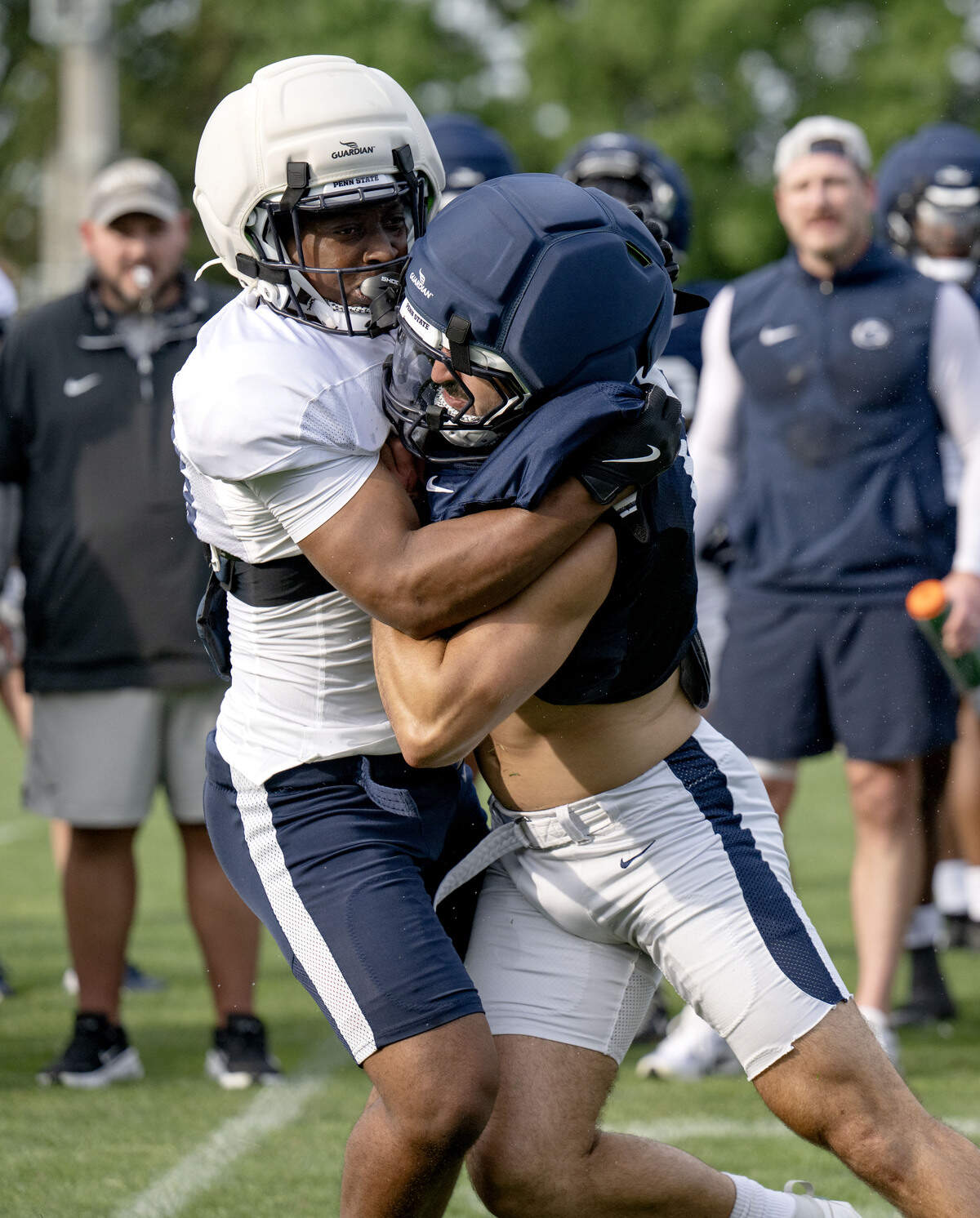 Penn State running back Katryon Allen and linebacker Dominic DeLuca drill during practice on Saturday, Aug. 2, 2025.