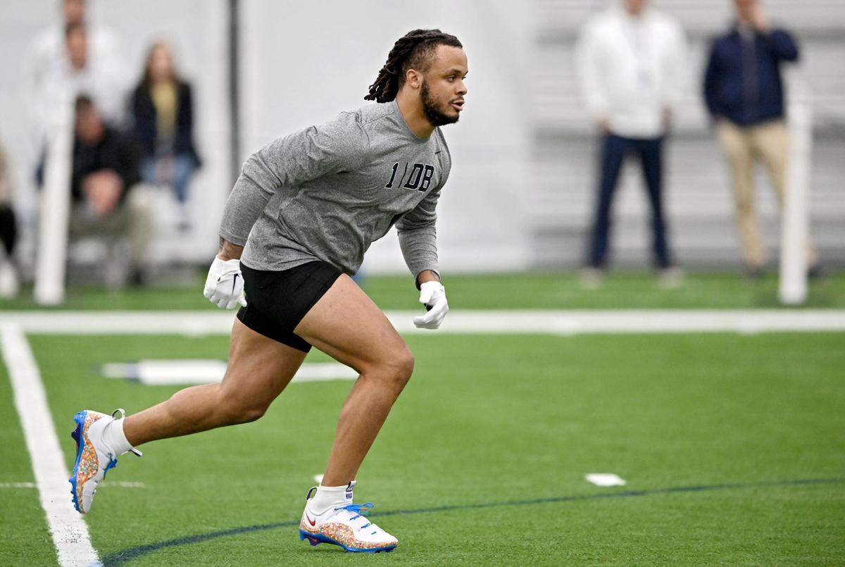 Jaylen Reed runs position drills during Penn State football’s pro day on Friday, March 28, 2025.