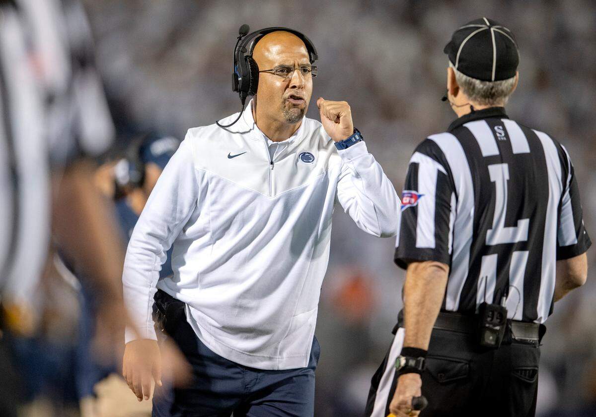 Penn State football coach James Franklin argues with the ref about a call during the game against Indiana.
