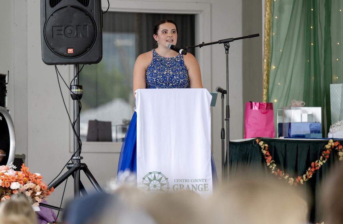 Grace Novosel gives her speech during the 2025 Centre County Grange Fair Queen Coronation on Wednesday, Aug. 13, 2025. 