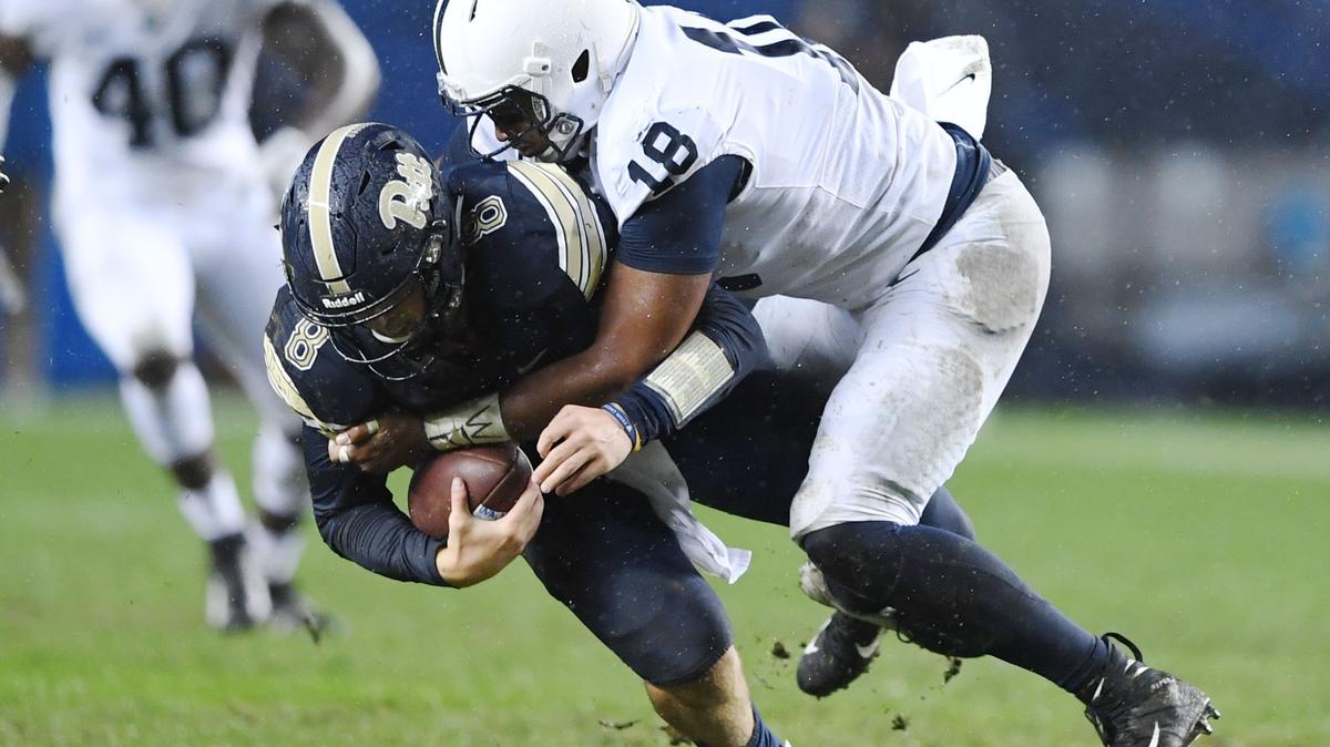 Penn State defensive end Shaka Toney sacks Pitt quarterback Kenny Pickett Saturday.