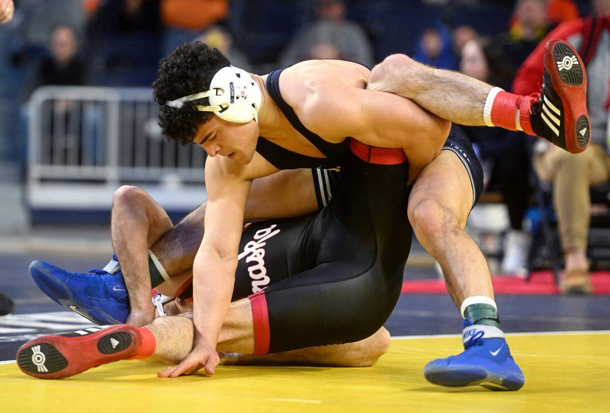 Penn State’s Beau Bartlett wrestles Nebraska’s Brock Hardy in a 141 lb semifinal bout of the Big Ten wrestling championships at the Crisler Center on Saturday, March 4, 2023.
