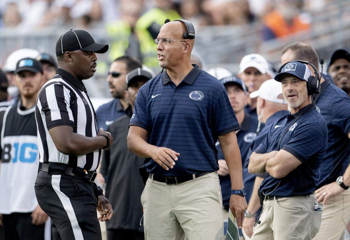 Penn State football coach James Franklin talks to the ref about a call during the game against Villanova on Saturday, Sept. 13, 2025.
