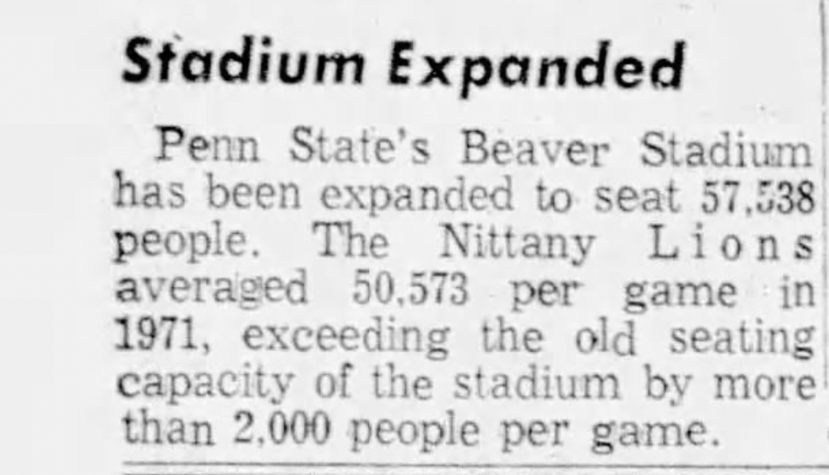 A brief on page 16 of an Aug. 4, 1972 CDT shares the news of expanding seating capacity at Beaver Stadium.
