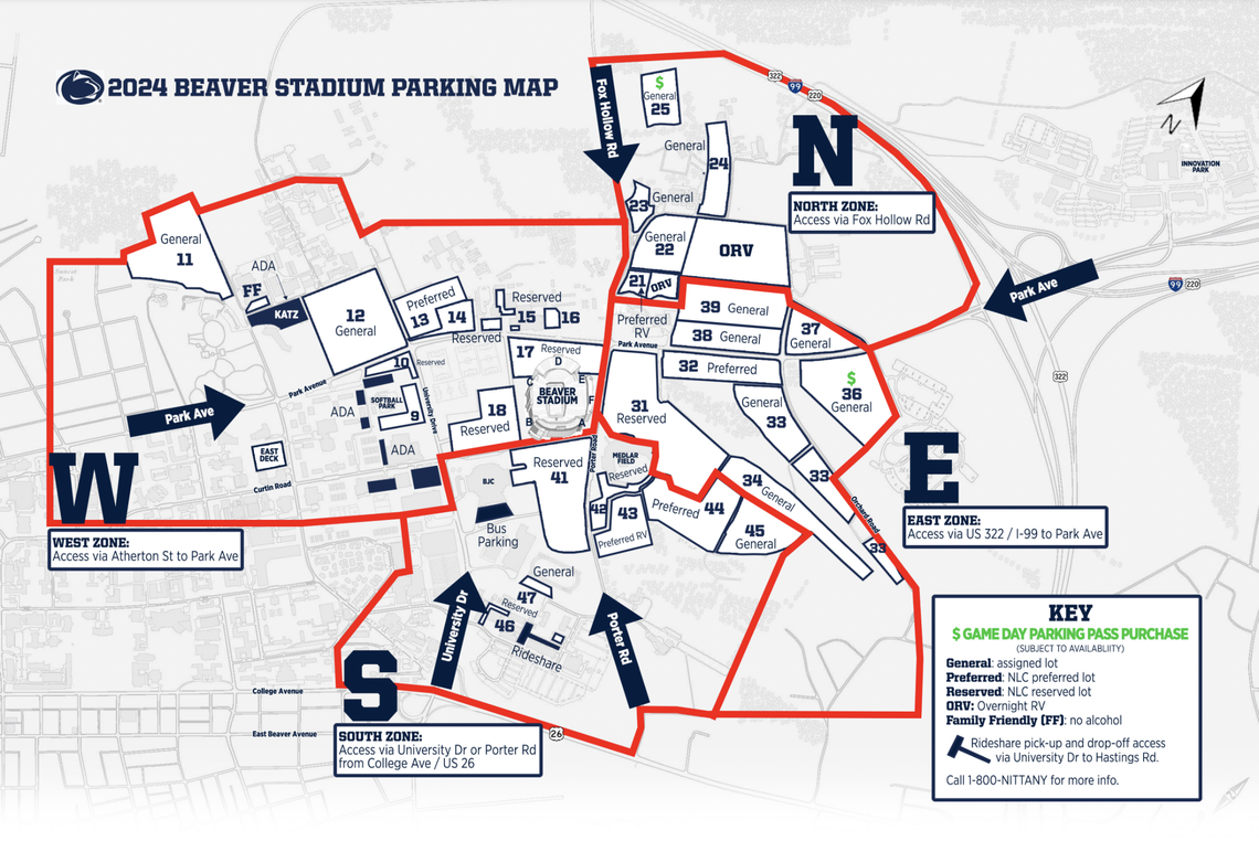 For the 2024 season, Penn State will offer day-of-game parking at lots marked with a green $.