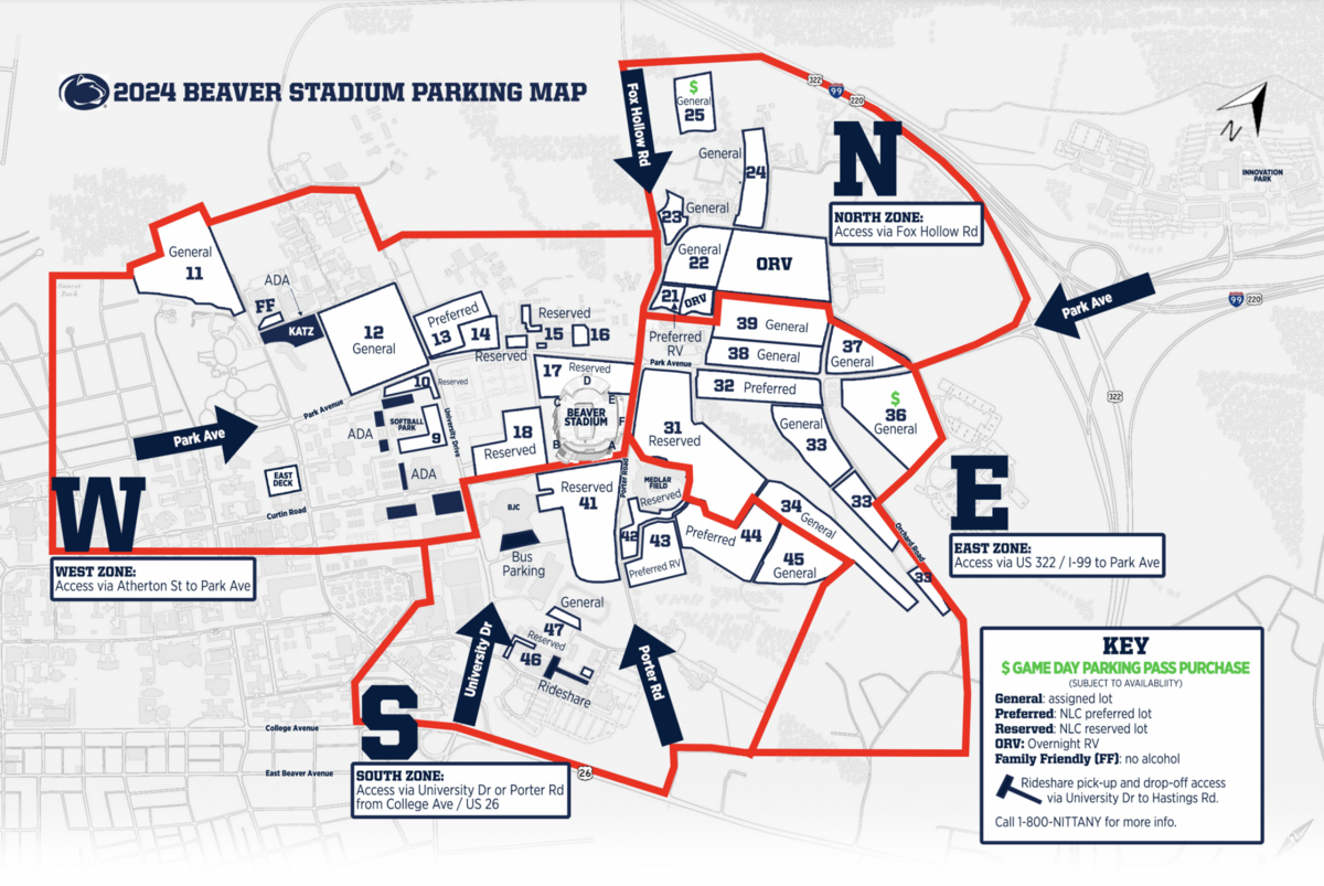 For the 2024 season, Penn State will offer day-of-game parking at lots marked with a green $.