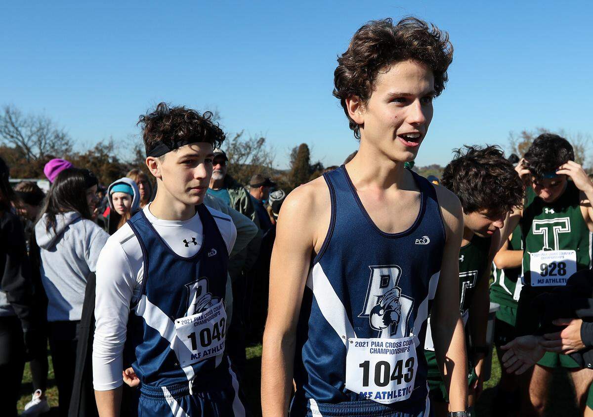 Philipsburg‐Osceola’s Chad Muckey, right, and Scott Frantz, left, prepare to compete in the boys 1A race of the PIAA State Cross Country Championships held Saturday at Parkland Cross Country Course in Hershey, PA.Matthew O’Haren/For the Centre Daily Times