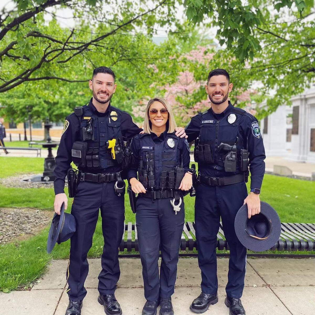 Bryce Greene, left; Cherese Greene, center; and Bryan Greene, right. Bryce and Cherese work at the Ferguson Township Police Department, while their brother Bryan works at the Spring Township Police Department.