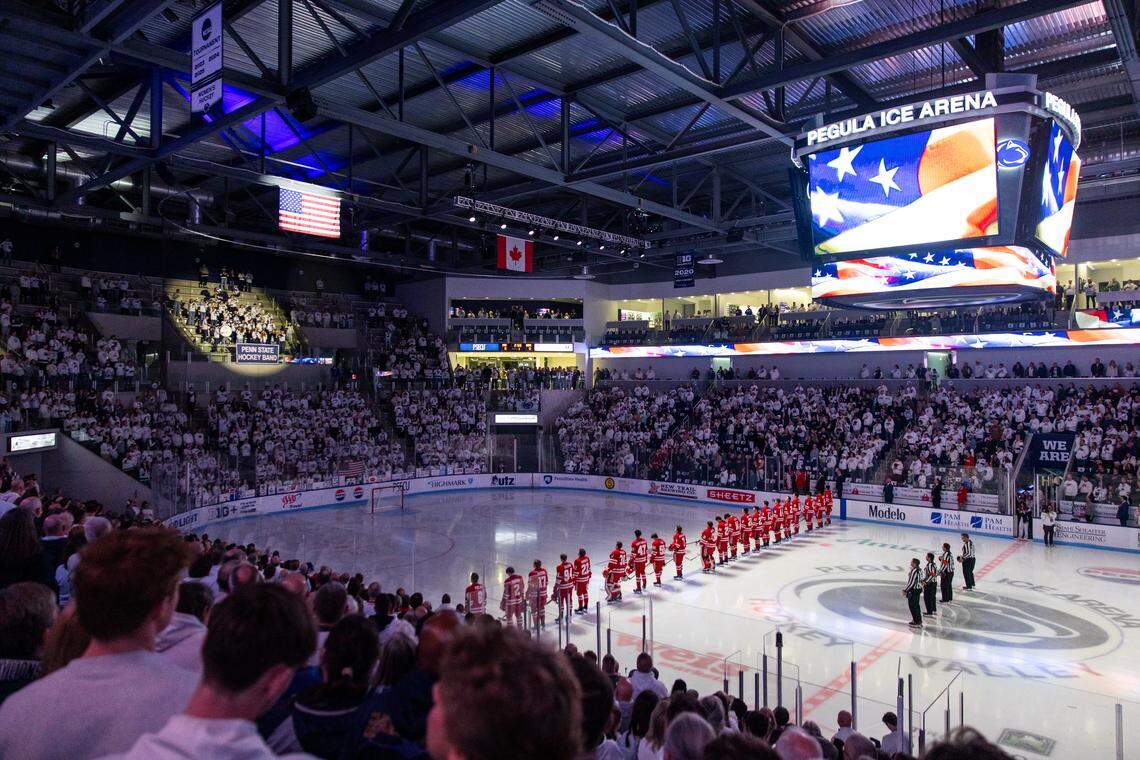 Pegula Ice Arena is seen during the national anthem at the Penn State men’s hockey game against Wisconsin in University Park on Friday, March 6, 2026. The Badgers beat the Nittany Lions 5-2.
