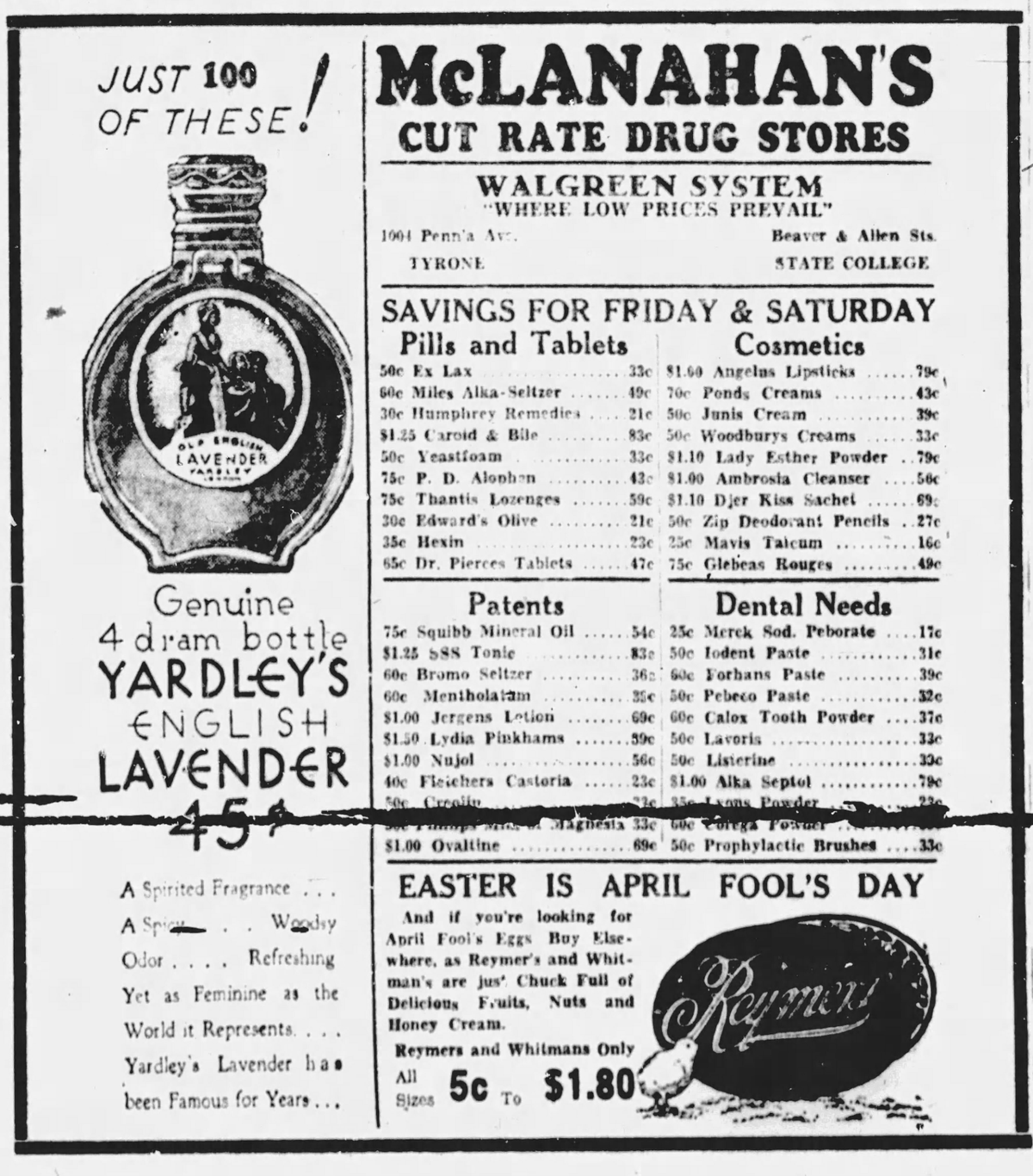 An ad for McLanahan’s from March 23, 1934. McLanahan’s got its start in Tyrone in 1903 as a pharmacy and expanded into State College in 1933, where it started selling Penn State merchandise in the “Penn State Room.”