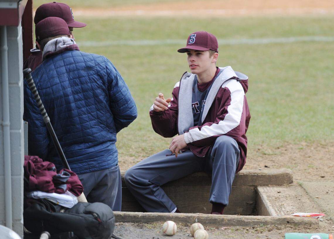 State College’s Jack Hurley hangs out with teammates during a game against Red Land Saturday, April 7, 2018 at the State College Community Fields.