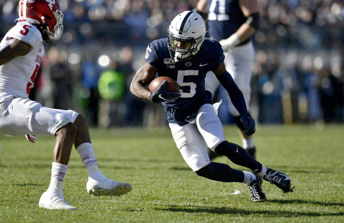 Penn State wide receiver Jahan Dotson cuts down the field around Indiana defensive back Juwan Burgess during the game on Saturday, Nov. 16, 2019.