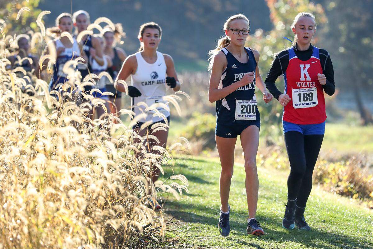Penns Valley’s Alexis Durn runs in the PIAA Class 1A girls cross country championship race held Saturday, November 2, 2019 at Parkview Cross Country Course in Hershey, PA. Matthew O’Haren/For The Centre Daily Times