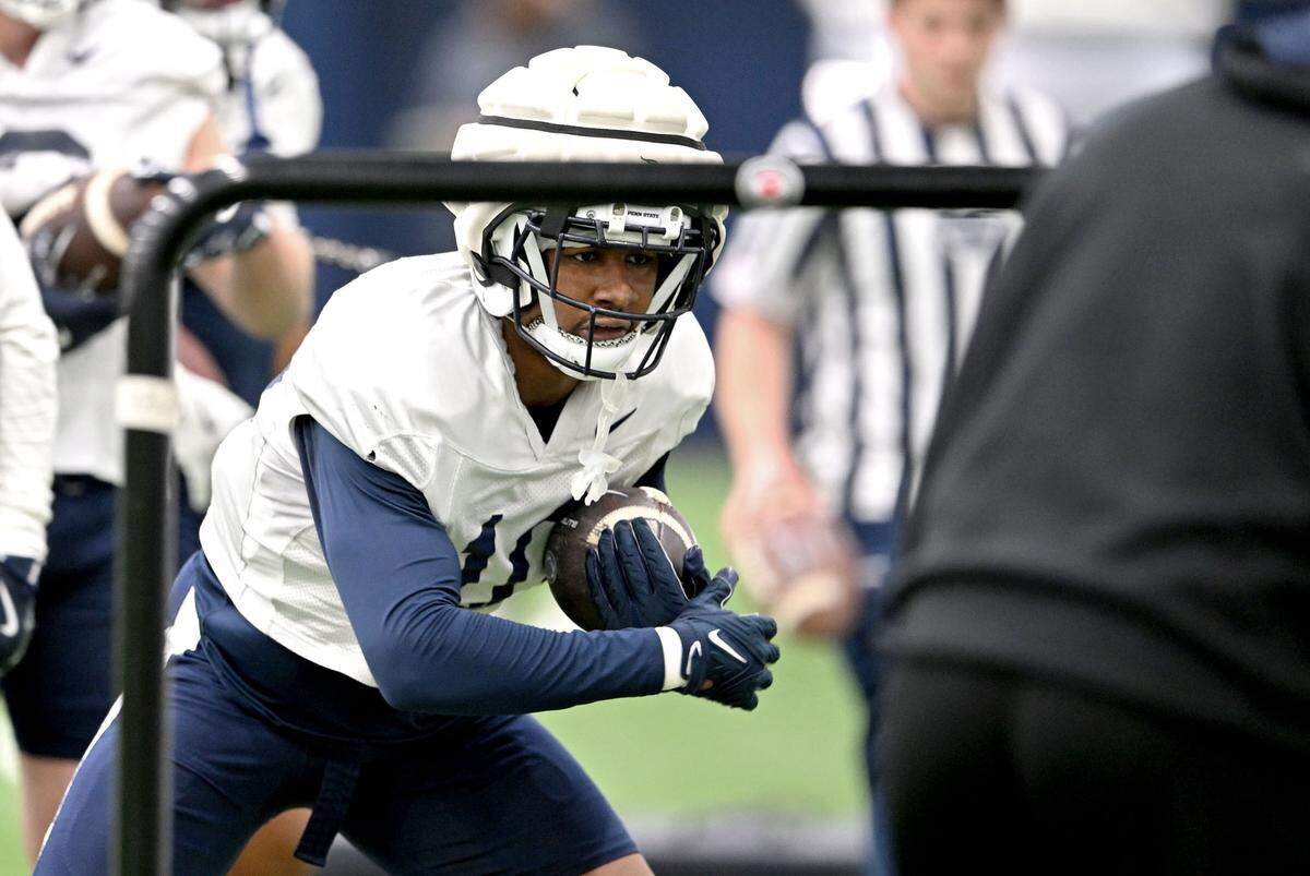 Penn State running back Nick Singleton runs a drill during practice on Friday, Dec. 27, 2024 at Holuba Hall as the team prepares for the Fiesta Bowl.