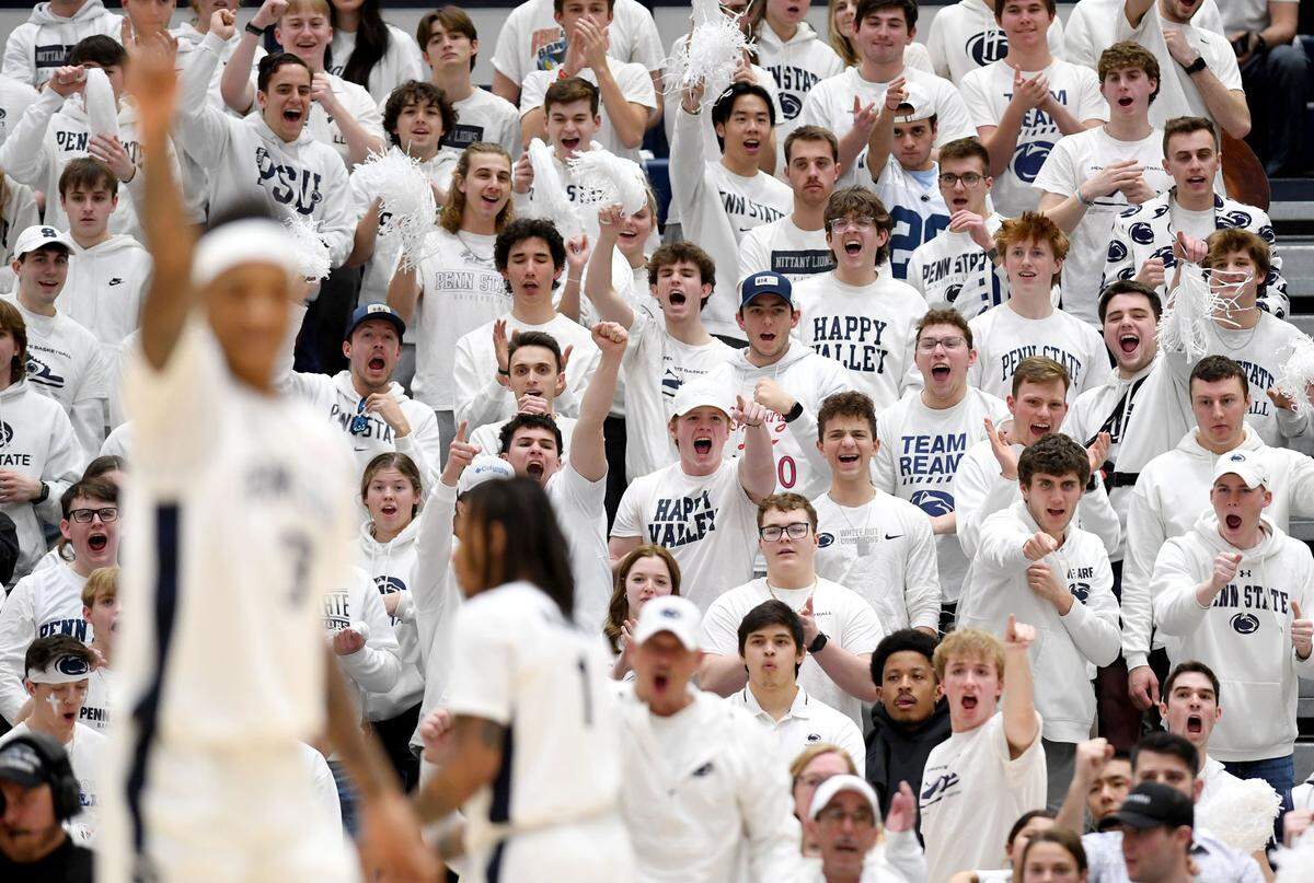 The Penn State student section celebrates a call during the game against Illinois on Wednesday, Feb. 21, 2024 at Rec Hall.