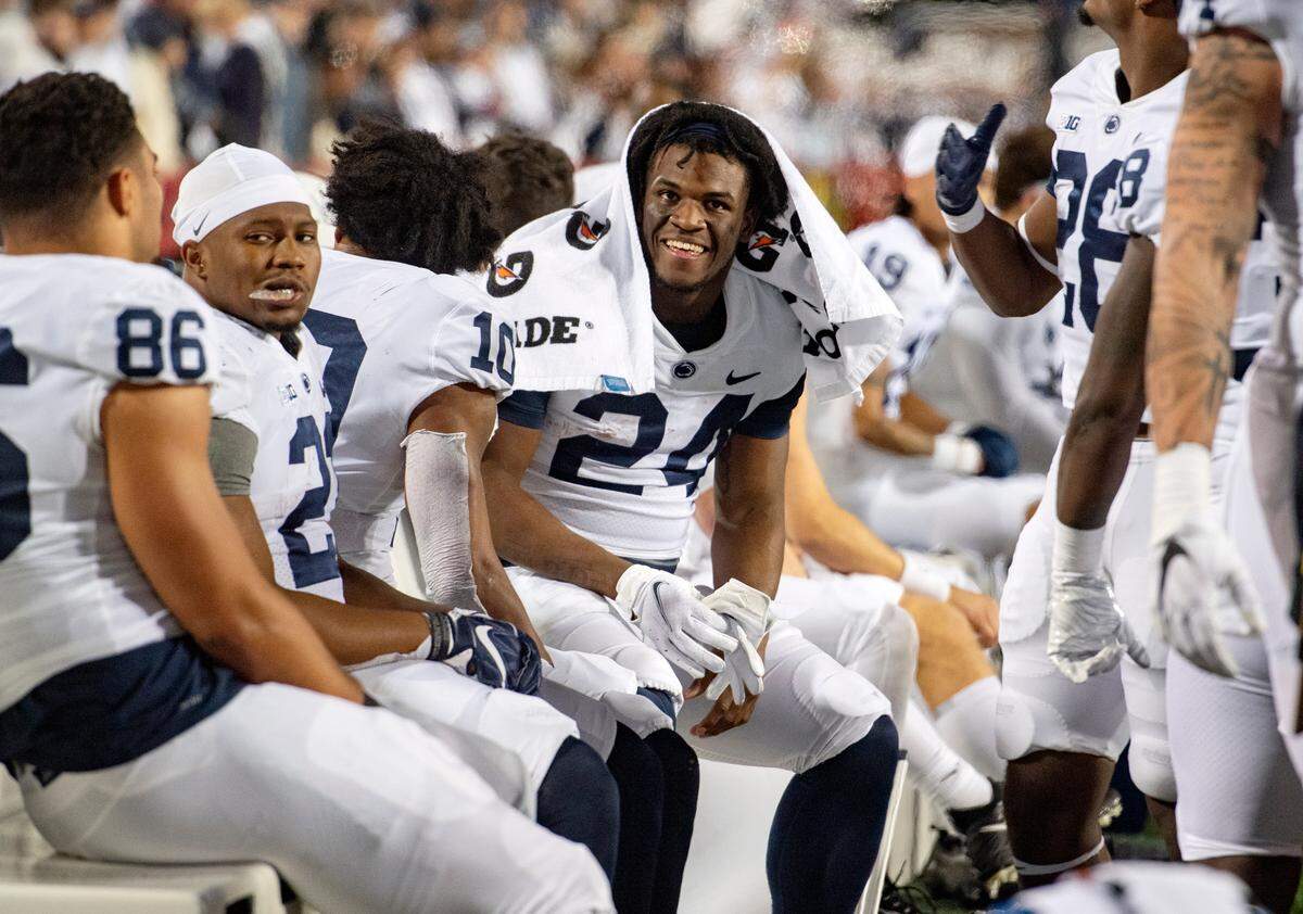 Penn State running back Keyvone Lee starts to celebrate in the final minutes of the game against Maryland Saturday, Nov. 6, 2021.