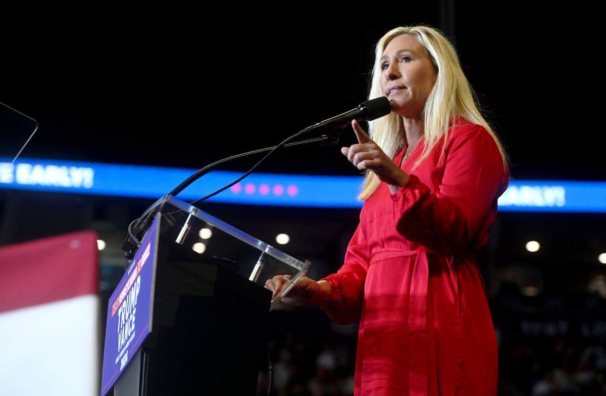 Rep. Marjorie Taylor Greene speaks to the crowd during the Donald Trump rally at the Bryce Jordan Center on Saturday, Oct. 26, 2024.
