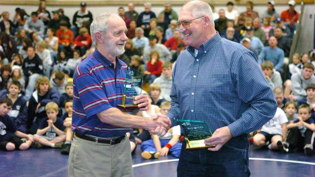 Joe Hammaker, left, and Max Dinges were inducted into the Penns Valley Wrestling Hall of Fame before the Jan. 17, 2007 wrestling match. Dinges died Dec. 29, 2019.