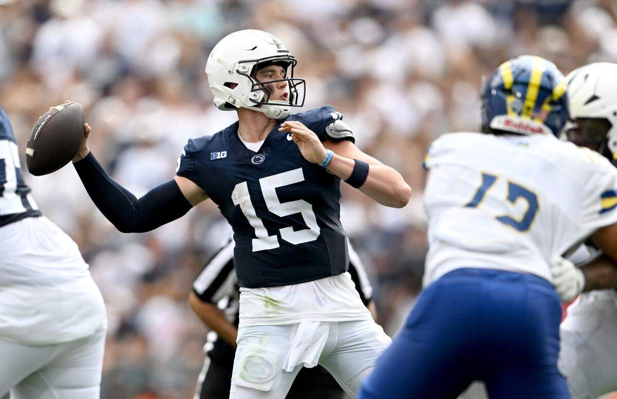 Penn State quarterback Drew Allar makes a pass during the game against Delaware on Saturday, Sept. 9, 2023.