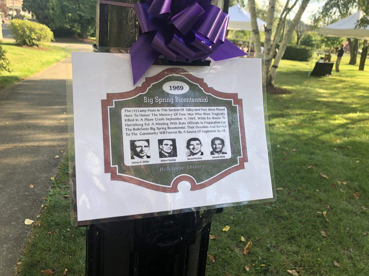 A memorial service in honor of the 50th anniversary of a plane crash that killed four Bellefonte men was held in Talleyrand Park Wednesday night. The event was attended by over 50 friends, family and community members to remember their contributions to the town.
