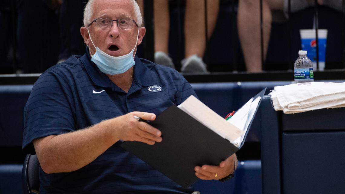 Penn State’s head coach Russ Rose yells to his team during an NCAA volleyball match between Penn State and Rutgers at Rec Hall on Oct. 15. Rose announced his retirement Thursday.