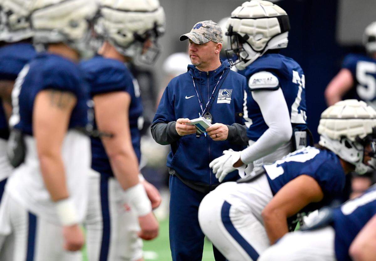Penn State special teams coordinator Joe Lorig watches his players during practice on Friday, Dec. 17, 2021.