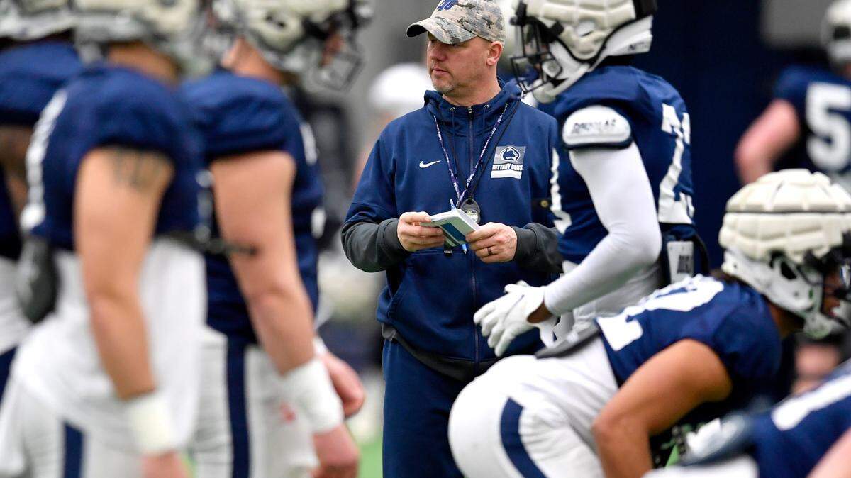 Penn State special teams coordinator Joe Lorig watches his players during practice on Friday, Dec. 17, 2021. Lorig is leaving to become the special teams coordinator at Oregon.