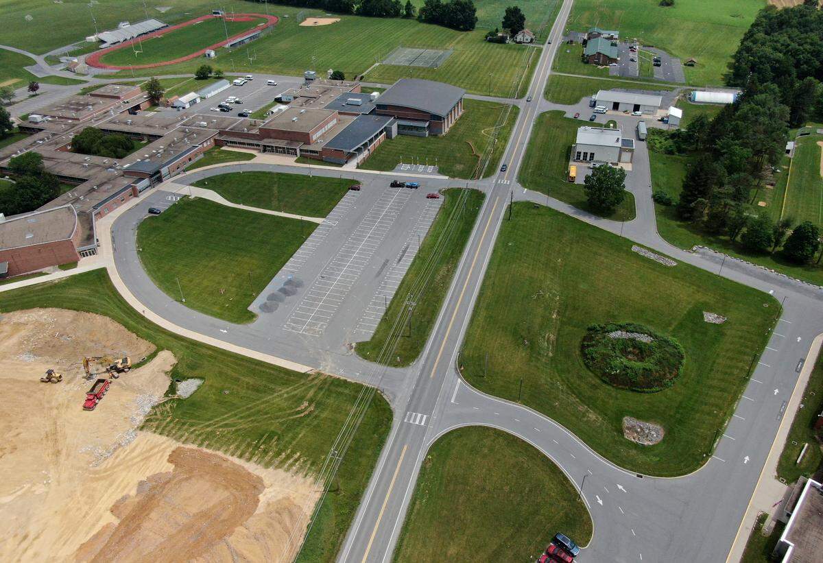 Route 45 passes by Penns Valley Area High School where parking lot and road renovations have begun with the goal of improving safety.