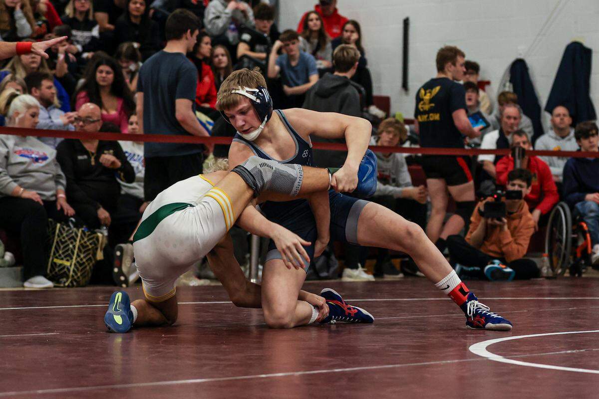 Penns Valley’s Erik Carlile controls Marion Center’s Griffin Tinsman during their 127-pound finals match of the District 6 Class 2A Championships on Saturday in Altoona. Carlile pinned Tinsman in 1:30 for the crown.