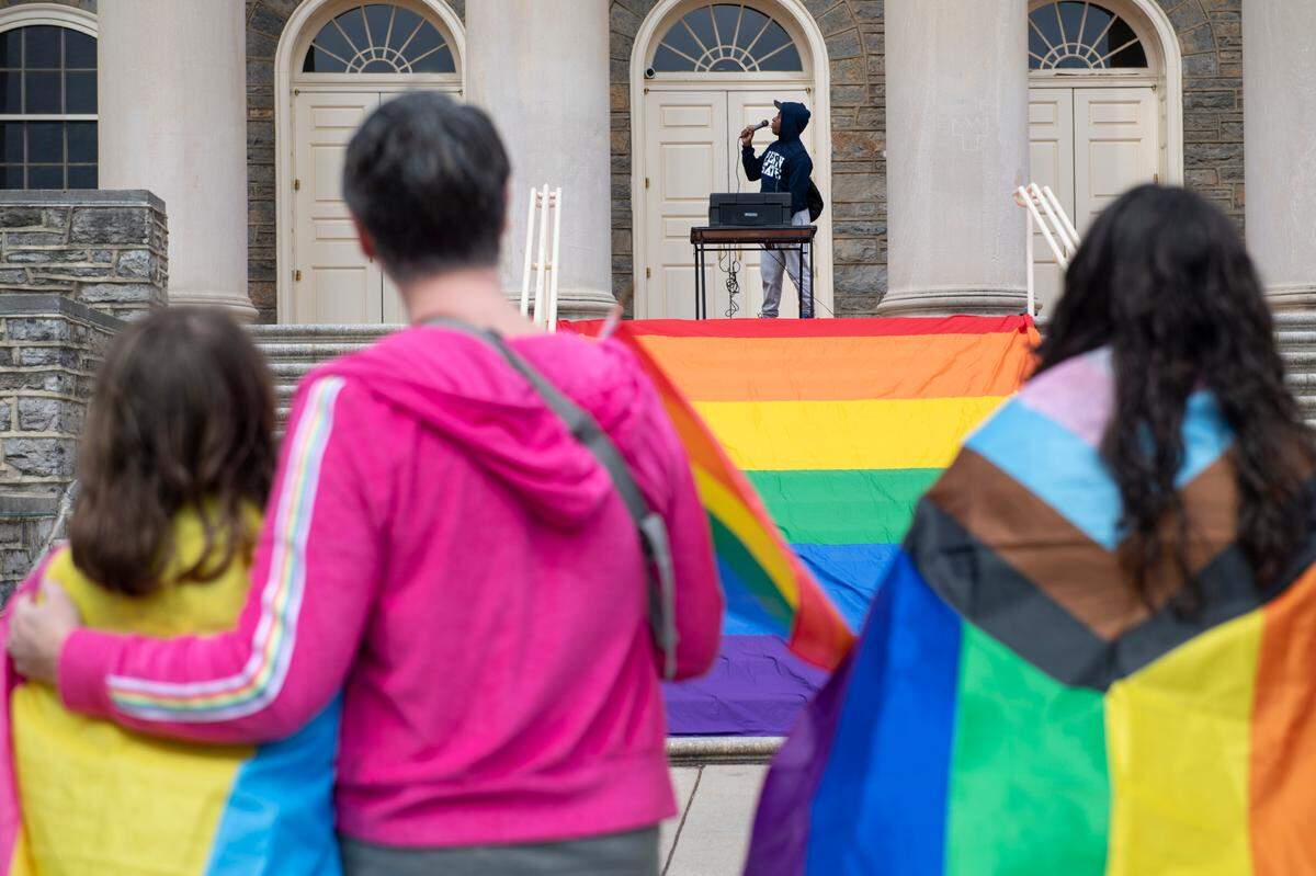 Elijah Neal speaks Monday during a Pride event at Penn State’s Old Main.