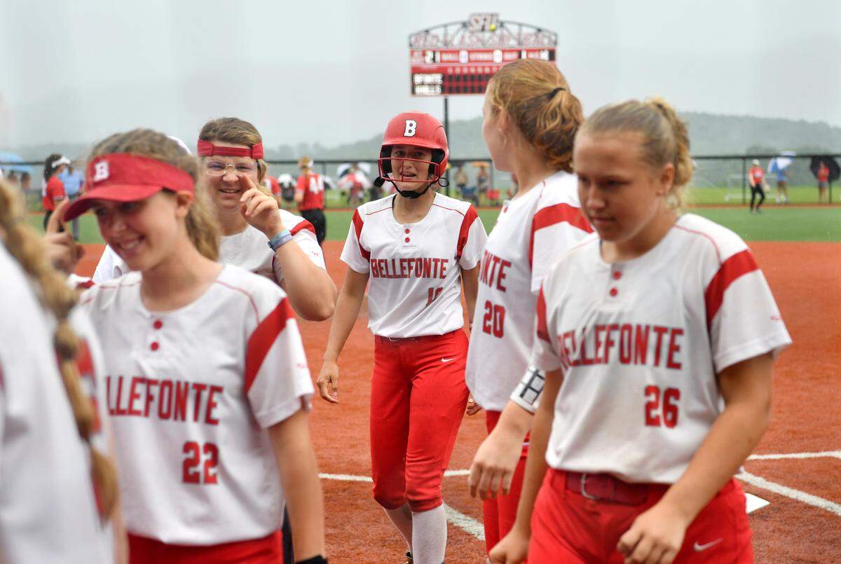Bellefonte’s Madison Melius is congratuated by teammates after her homer after the rain delay in the sixth inning of the game against North Hills in the PIAA 5A quarterfinals on Thursday, June 10, 2021.