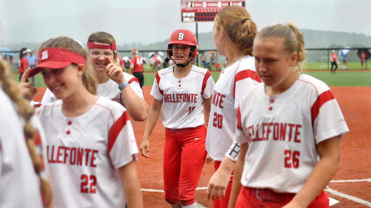 Bellefonte’s Madison Melius is congratuated by teammates after her homer after the rain delay in the sixth inning of the game against North Hills in the PIAA 5A quarterfinals on Thursday, June 10, 2021.