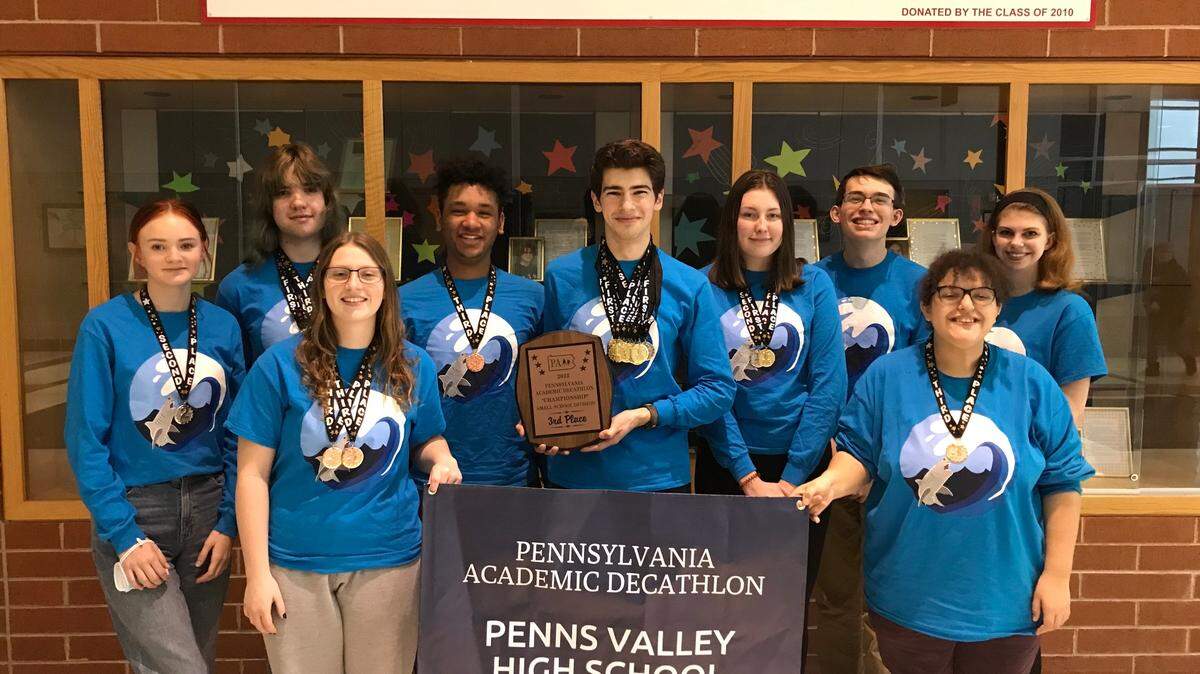 The Penns Valley academic decathlon team holds it’s thrid place plaque, students pictured left to right, Zoe Riggleman, Sam Ewaskiewicz, Rayanne Witmer, Max Morrison, Jack O’Donald, Emma Lake, Andrew Ruoff, Jules Black and Corinne Vones.