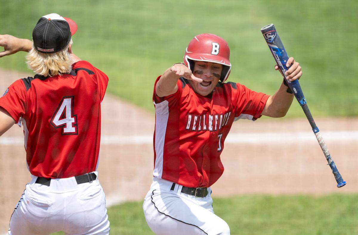 Bellefonte players celebrate a run during the PIAA Class 4A championship game against Dallas at Medlar Field on Saturday, June 17, 2023.