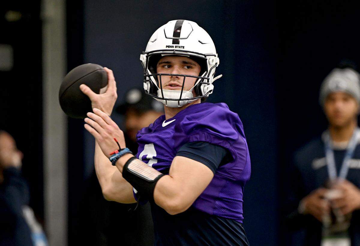 Penn State quarterback Rocco Becht makes a pass during spring practice on Thursday, March 26, 2026.  