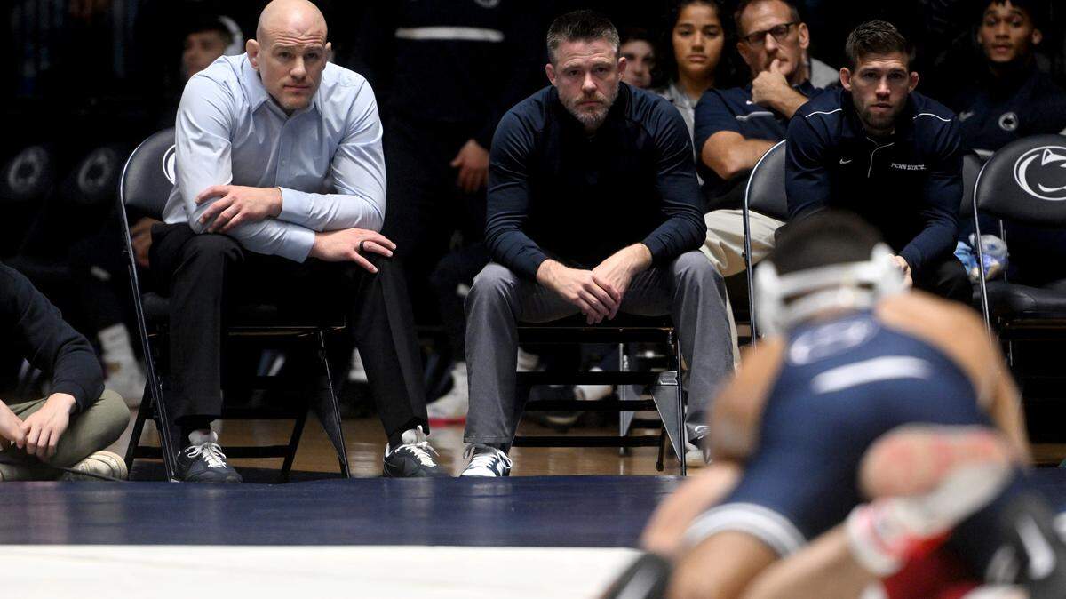Penn State wrestling coach Cael Sanderson watches a bout during the match against Lock Haven on Friday, Nov. 11, 2022. On Sunday, eight Penn State wrestlers placed in the Binghamton Bearcat Open.