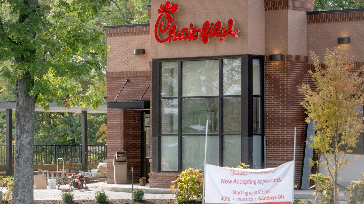 Chick-fil-A on North Atherton Street has a hiring sign out front on Wednesday as renovations continue.