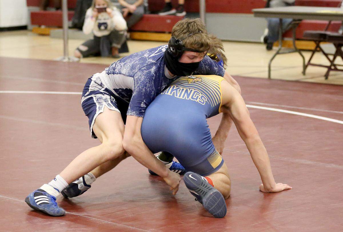 Penns ValleyÕs Malachi DuVall controls Suds Dubler in the 172 lb championship bout at the District 6 AA wrestling on Saturday, Feb. 20, 2021.