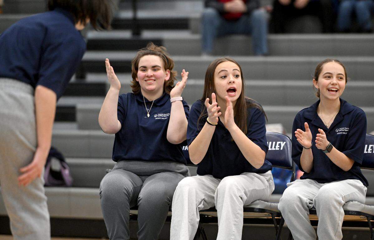 Penns Valley’s unified bocce players Emily Rolland, Callie Riddle and Hope Wolfe cheer for Bree Pollock after her roll during the match against Philipsburg-Osceola on Thursday, Jan. 30, 2025.