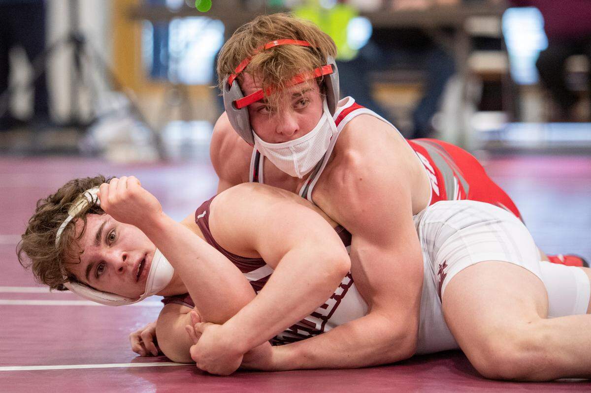 Bellefonte Area’s Lane Aikey wrestles Altoona Area’s Caleb Fasick during the PIAA NW AAA Regional Wrestling Tournament at Altoona Area High School on Feb. 27, 2021 in Altoona, PA. Aikey defeated Fasick 8-0.