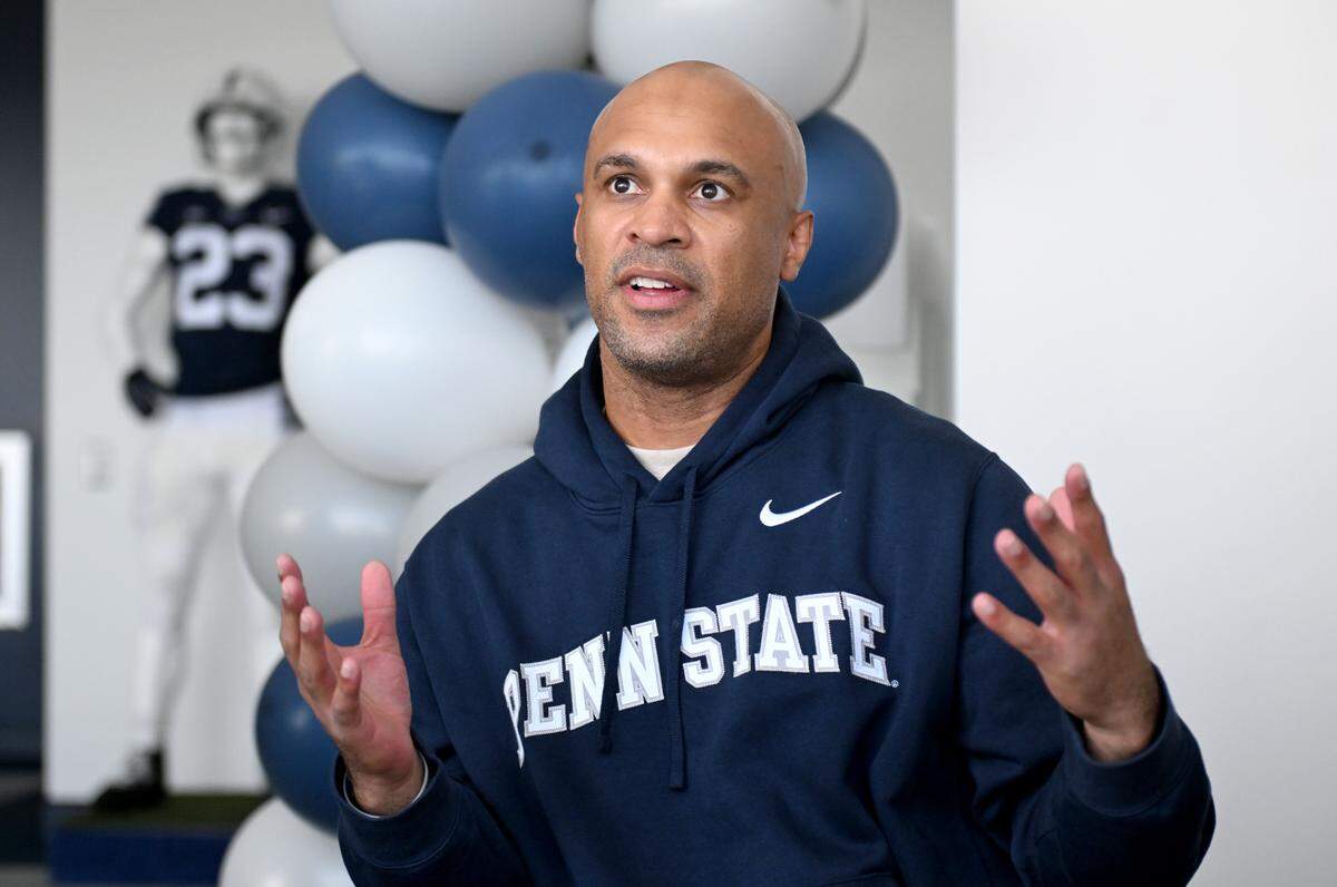 Penn State defensive coordinator D’Anton Lynn talks with the media on Wednesday, Feb. 4, 2026.  