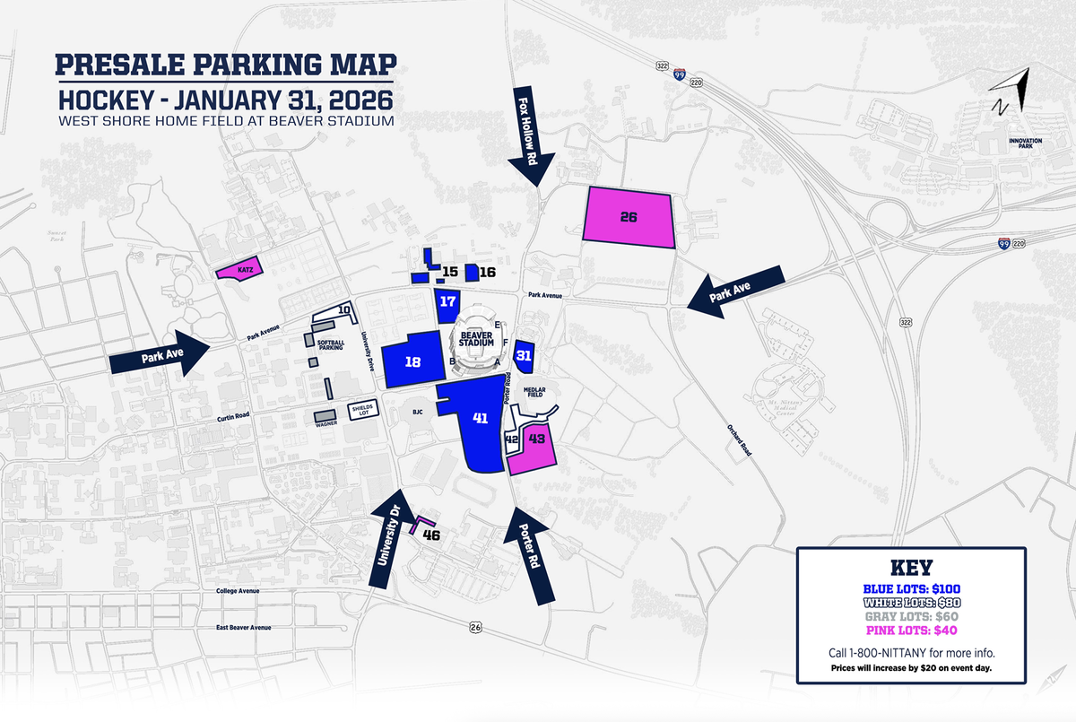 This map shows parking lots and their respective pricing ahead of Penn State men’s hockey’s game at Beaver Stadium on Saturday, Jan. 31.