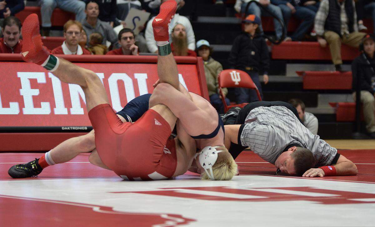 Penn State’s Bo Nickal pins Jake Kleimola in their 197-pound bout of the Nittany Lions’ 35-9 win on Sunday, January 27, 2019. It was Nickal’s 11th pin of the year and came in a time of 58 seconds.