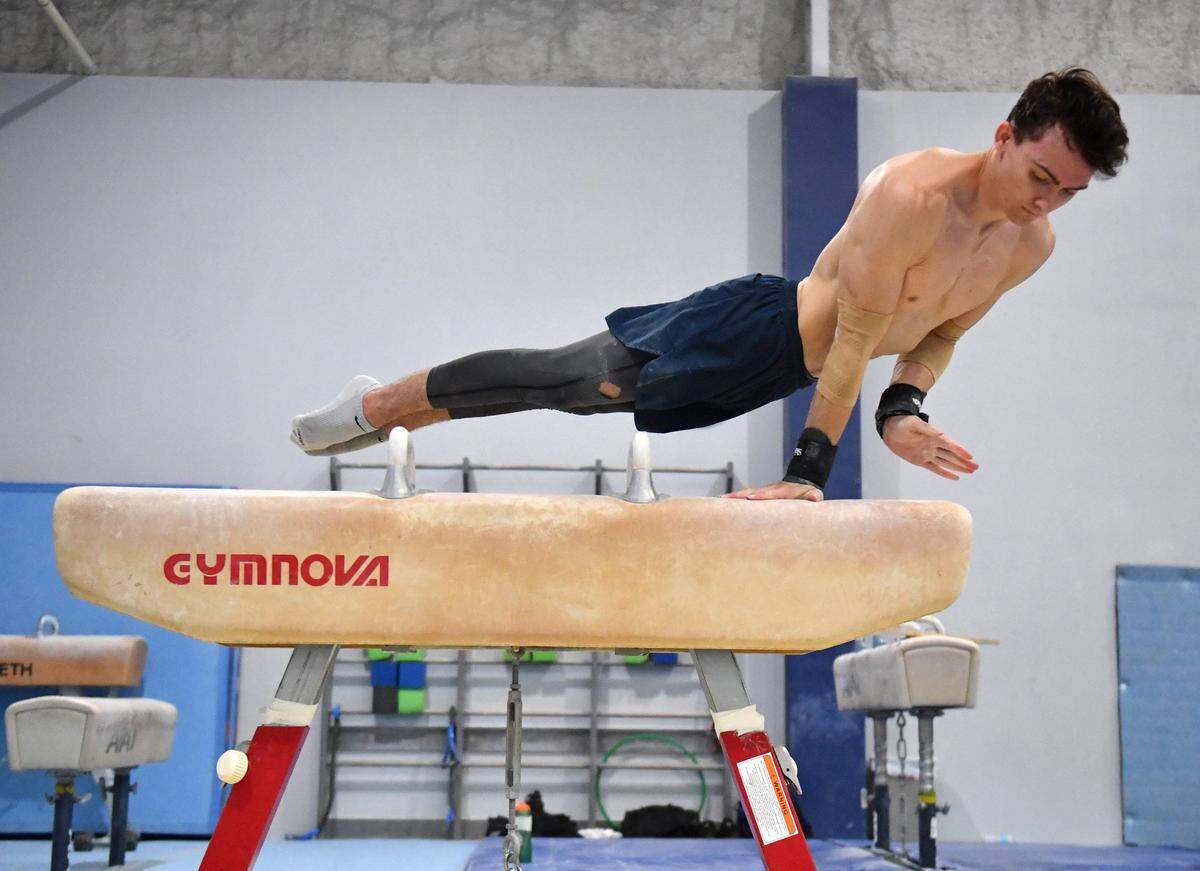 Stephen Nedoroscik, a specialist on the pommel horse, practices his routine at EVO Gymnastics. Nedoroscik is the 2024 National Champion on the pommel horse and has been named to the US Olympic team.