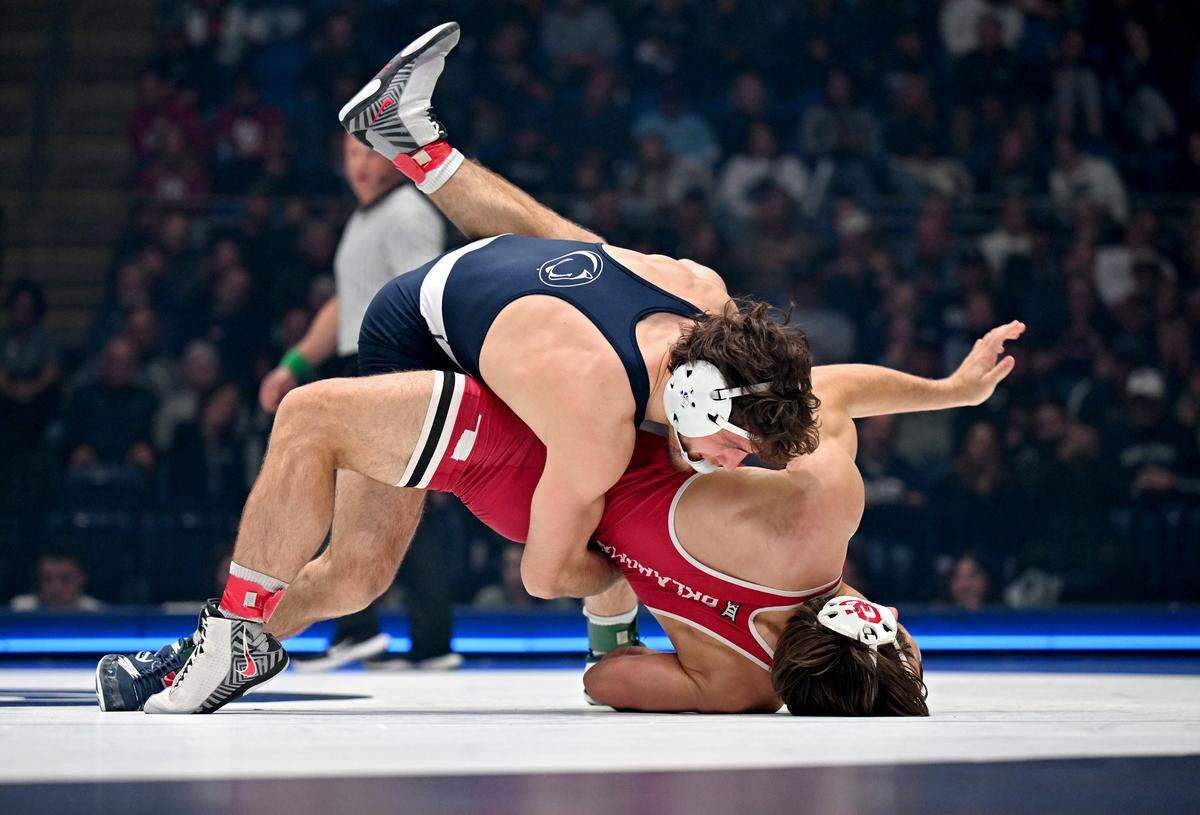 Penn State’s Levi Haines controls Oklahoma’s Carter Schubert in the 174 lb bout during the match on Friday, Nov. 14, 2025 at the Bryce Jordan Center. 