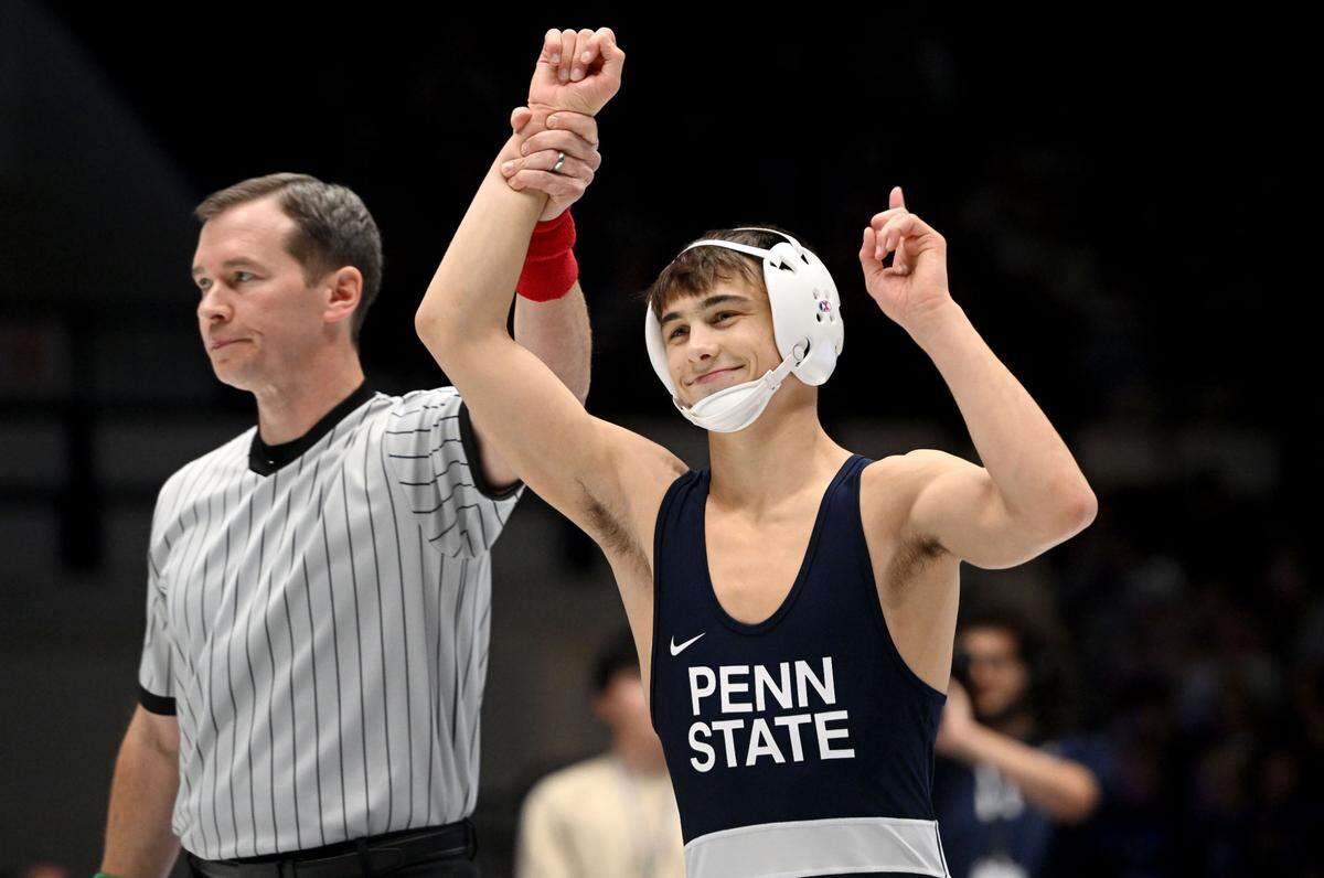 Penn State freshman wrestler Luke Lilledahl gets his hand raised after Drexel forfeited the 125 lb bout of the match on Sunday, Nov. 17, 2024 at Rec Hall.