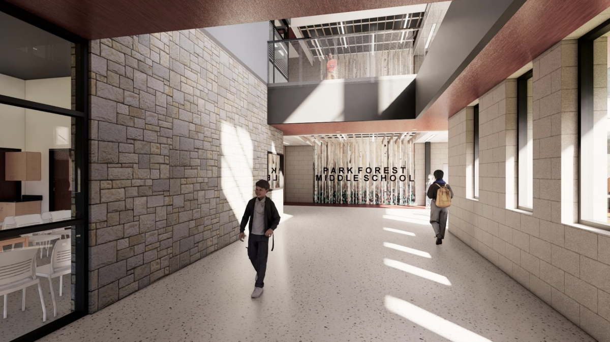 Students walk through the new Park Forest Middle School in this digital rendering.
