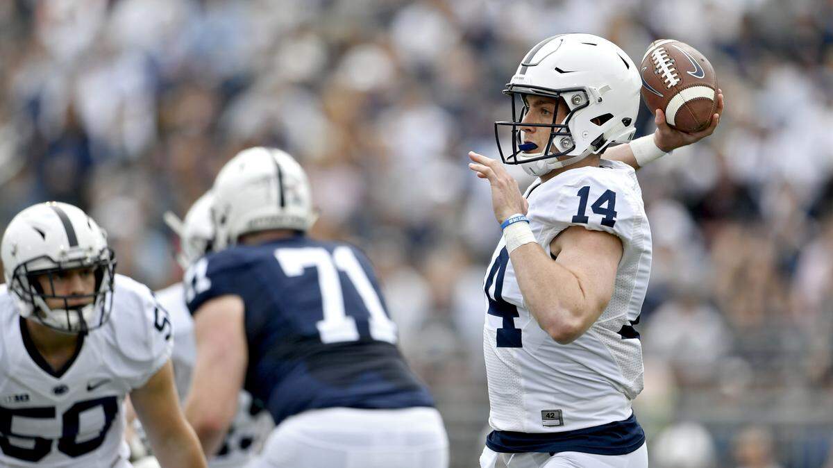 Penn State quarterback Sean Clifford makes a pass during the Blue-White game on Saturday, April 13, 2019.