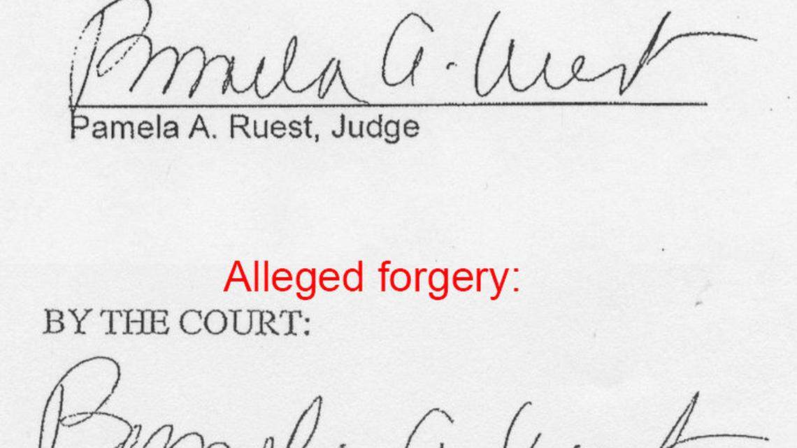 Exhibits provided show the difference in signatures on court documents.