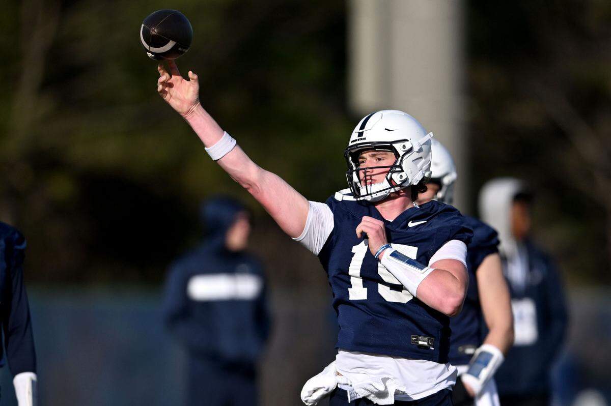 Penn State quarterback Drew Allar makes a pass during spring practice on Tuesday, March 25, 2025.